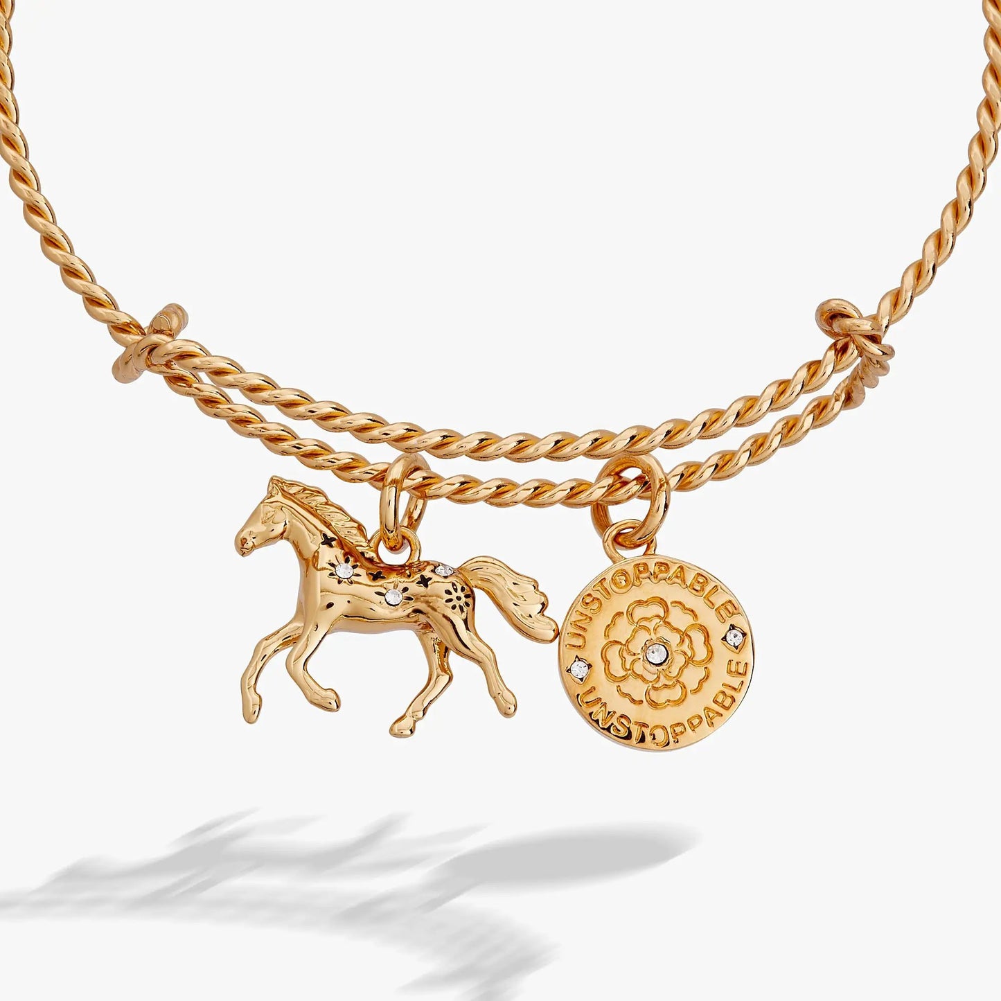 Horse Girl Rope Textured Charm Bracelet by Alex and Ani, gold-tone with horse and coin charms on Tampa Home & Garden Store