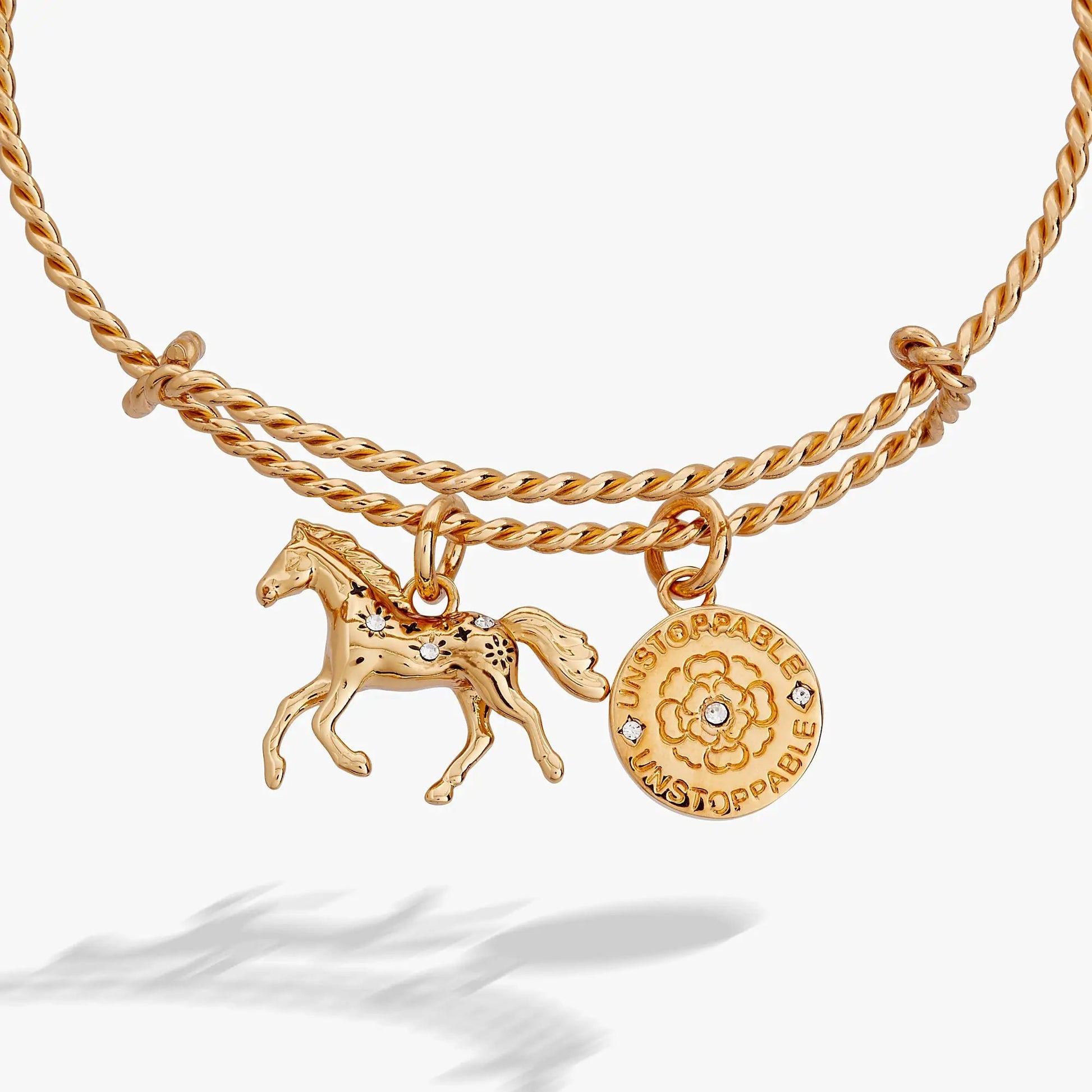 Horse Girl Rope Textured Charm Bracelet by Alex and Ani, gold-tone with horse and coin charms on Tampa Home & Garden Store