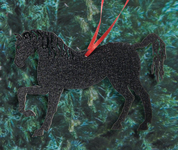 Horse plant stake glittery black silhouette by Rustica Ornamentals with red ribbon accent on Tampa Home & Garden Store