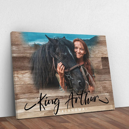 Wooden Animal Portrait Sign canvas print of a woman with a black horse beside wood planks on Tampa Home & Garden Store