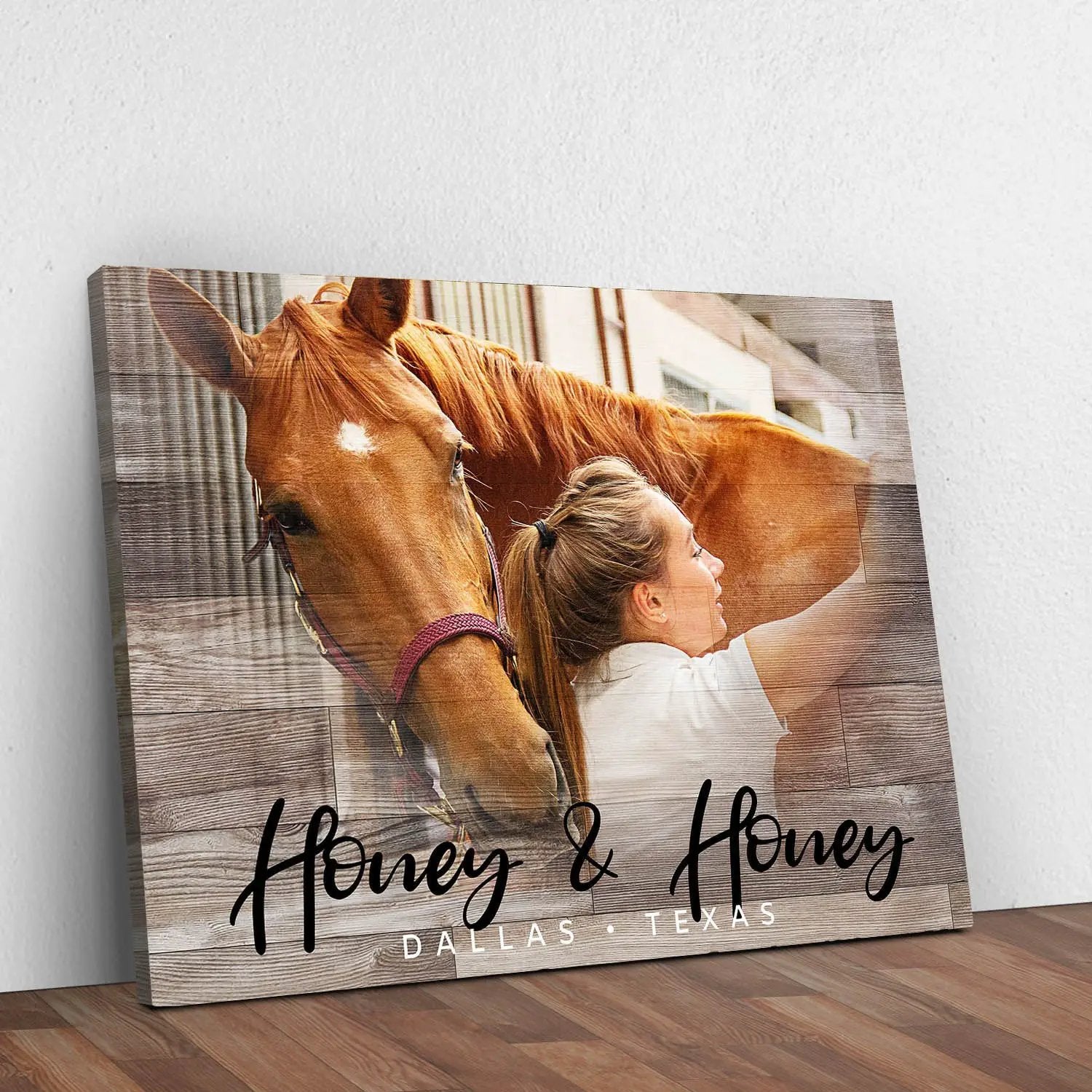 Canvas wall art: chestnut horse with a smiling woman on rustic wood background, Tailored Canvases on Tampa Home & Garden Store
