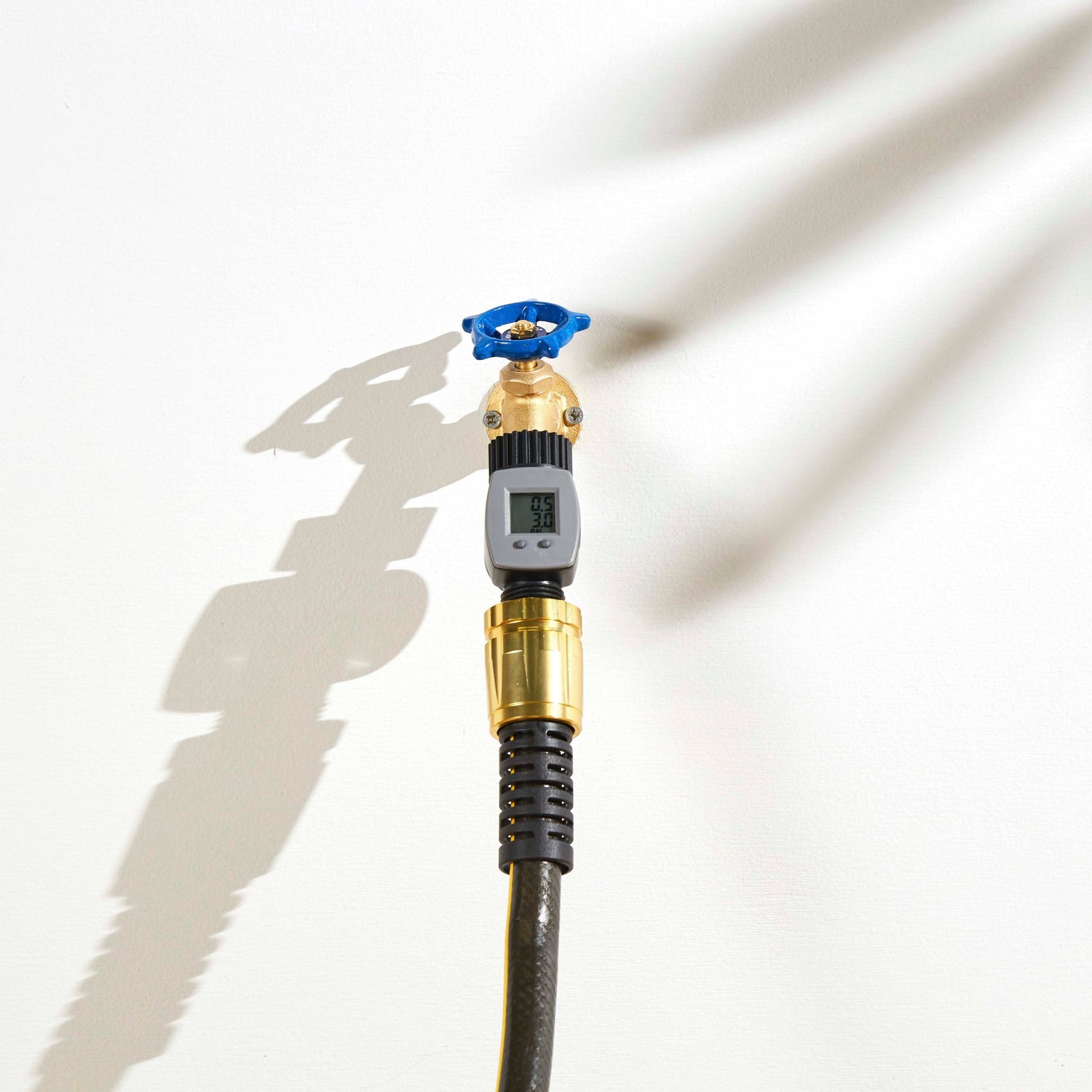 Hose Water Flow Meter Orbit Irrigation blue valve hose end with digital display on Tampa Home & Garden Store