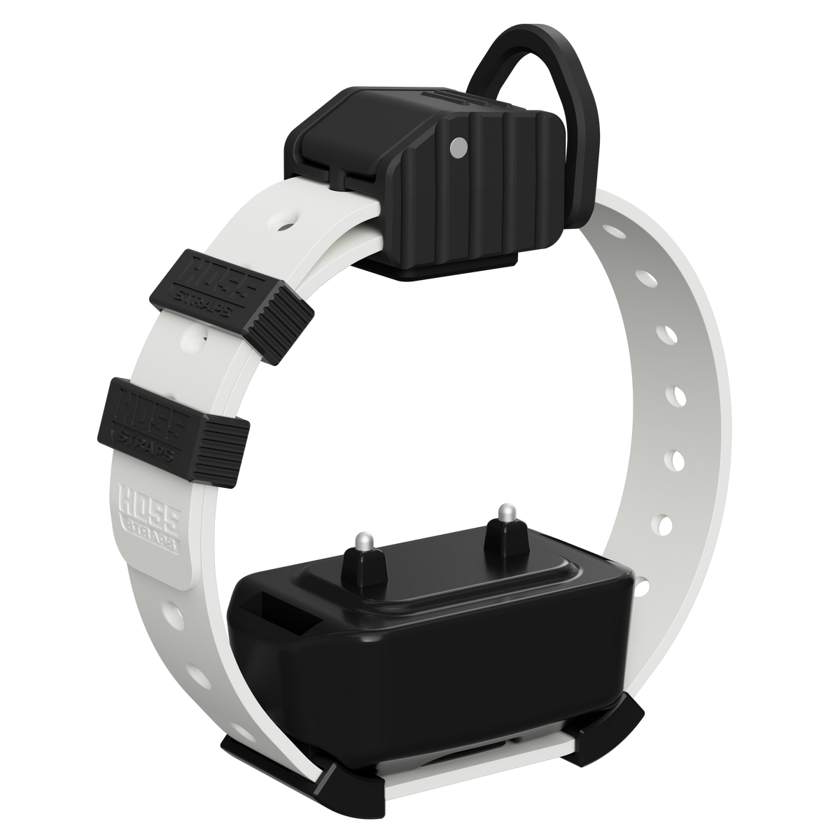 Pro Series Training Collar Setup module on white Hoss Straps hunting dog collar, black housing on Tampa Home & Garden Store