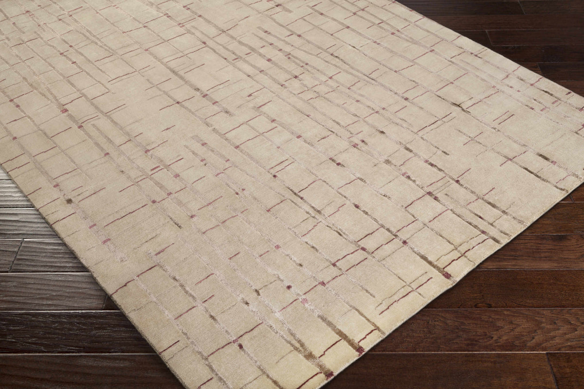 Hotchkiss Area Carpet beige rug with subtle pink and gray linear grid pattern Boutique Rugs on Tampa Home & Garden Store