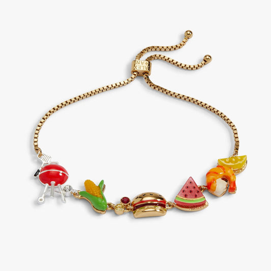 Hot Grill Summer Bolo Bracelet by ALEX AND ANI in gold tone with colorful food-themed charms on Tampa Home & Garden Store