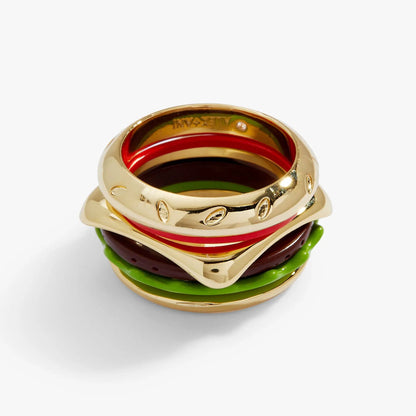 Hot Grill Hamburger Stacking Ring by ALEX AND ANI; 5-ring stack gold with red and green enamel on Tampa Home & Garden Store
