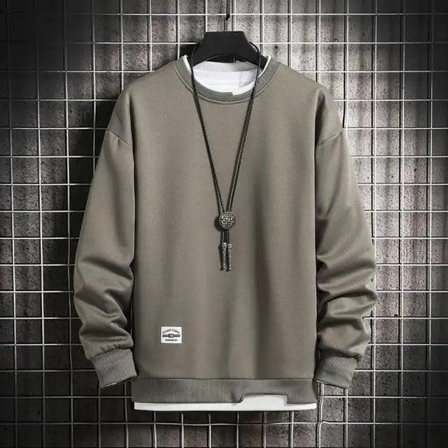 Men's olive gray crewneck sweatshirt by Stevvex with white hem peek on Tampa Home & Garden Store