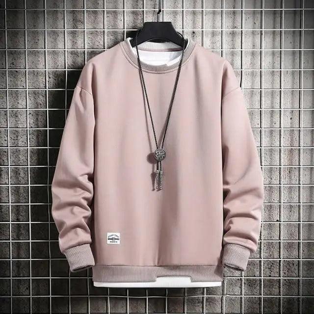 Stevvex men's solid blush pink crew neck sweatshirt with ribbed cuffs and logo patch on Tampa Home & Garden Store