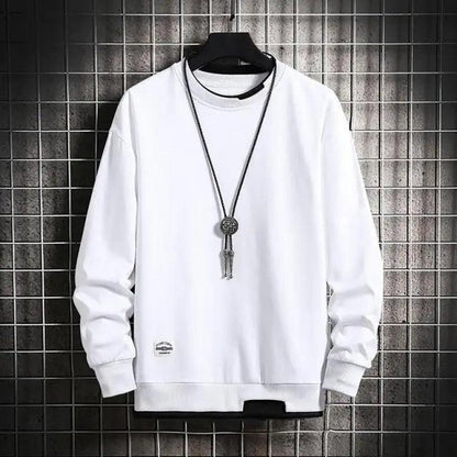 Men's Stevvex white crewneck sweatshirt ST23SW233DER with ribbed cuffs and hem on hanger on Tampa Home & Garden Store