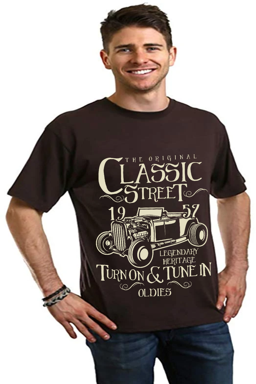 Men's graphic T-shirt brown Spun Bamboo short sleeve with vintage hot rod car graphic on Tampa Home & Garden Store