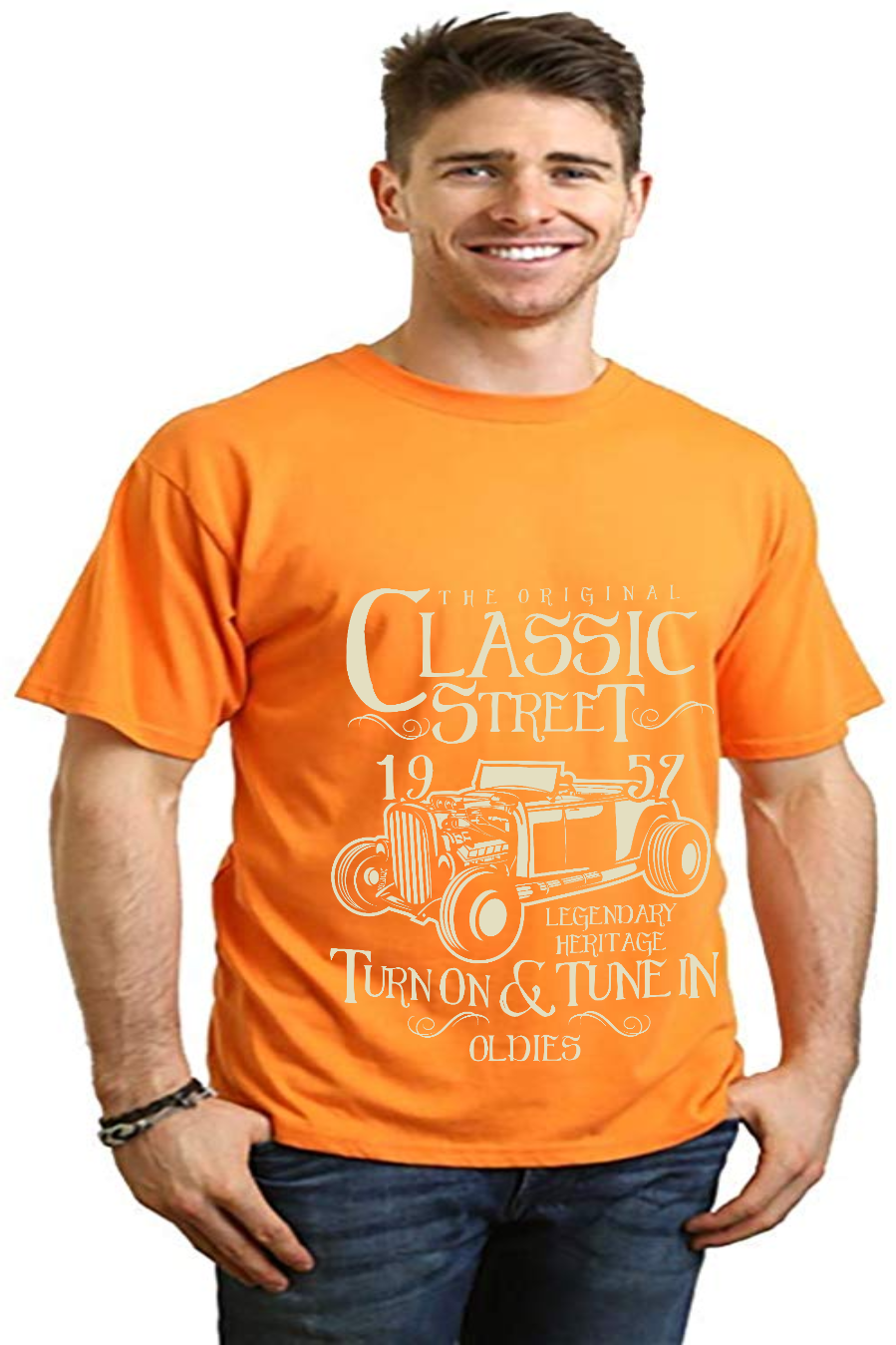 Hot Rod Classic men's bamboo viscose/organic cotton short sleeve T-shirt orange with vintage car print on Tampa Home & Garden Store
