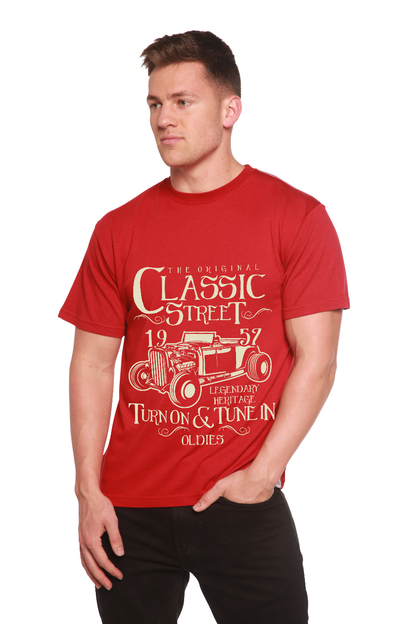 Hot Rod Classic men's bamboo T-shirt red short sleeve with vintage car print by Spun Bamboo on Tampa Home & Garden Store