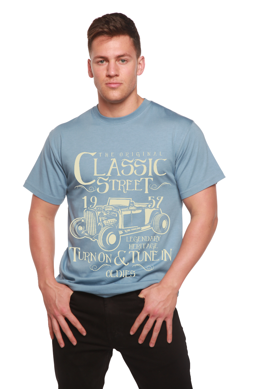 Hot Rod Classic men's graphic T-shirt by Spun Bamboo in light blue with vintage car print on Tampa Home & Garden Store