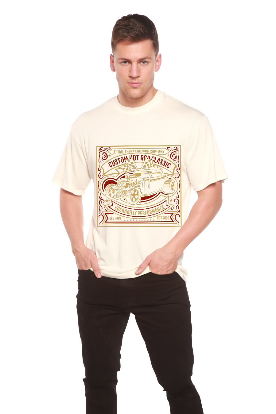 Men's Hot Rod graphic T-shirt in cream bamboo viscose/organic cotton, short sleeve by Spun Bamboo on Tampa Home & Garden Store