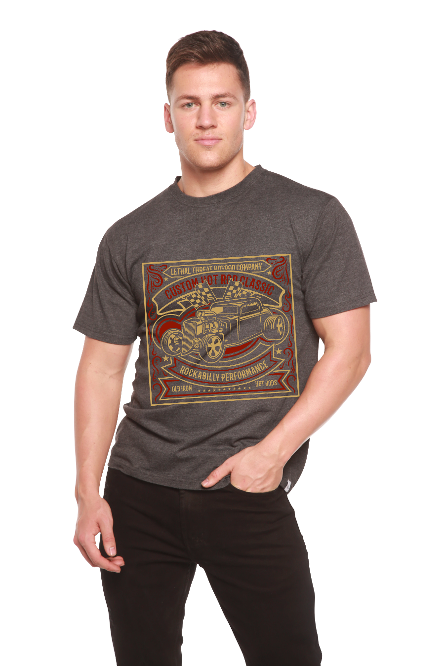 Men's dark heather gray bamboo tee with vintage hot rod graphic Spun Bamboo on Tampa Home & Garden Store