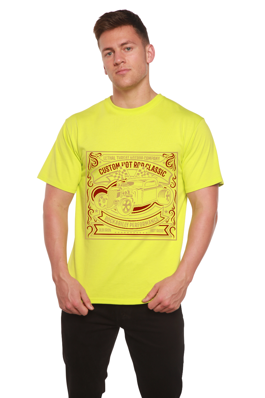 Hot Rod graphic T-shirt in neon yellow with vintage car print by Spun Bamboo on Tampa Home & Garden Store