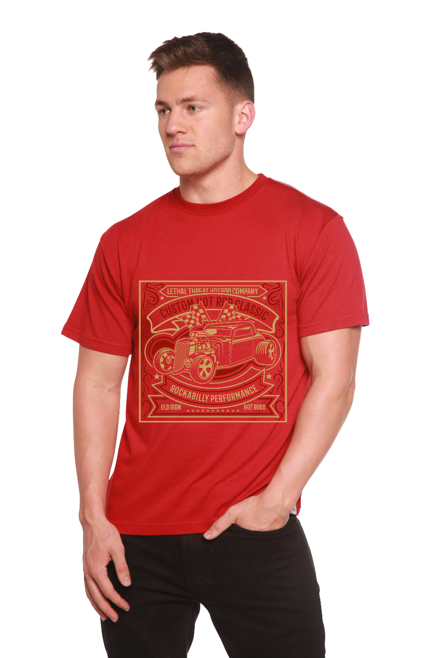 Hot Rod graphic men's T-shirt red bamboo viscose/organic cotton blend Spun Bamboo on Tampa Home & Garden Store
