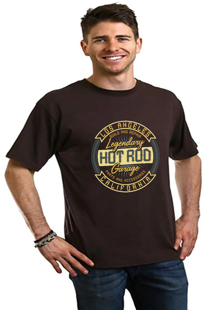 Mens short sleeve graphic T-shirt brown bamboo viscose/organic cotton with vintage hot rod logo on Tampa Home & Garden Store