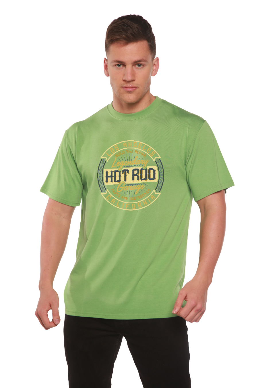 HOT ROO men's bamboo viscose/organic cotton shortsleeve graphic tee limegreen with HOT ROD design on Tampa Home & Garden Store