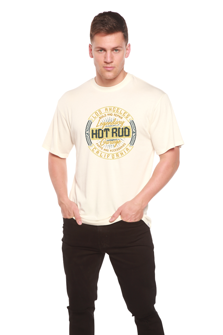 HOT ROO men's bamboo viscose organic cotton short sleeve graphic tee ivory with circular logo on Tampa Home & Garden Store