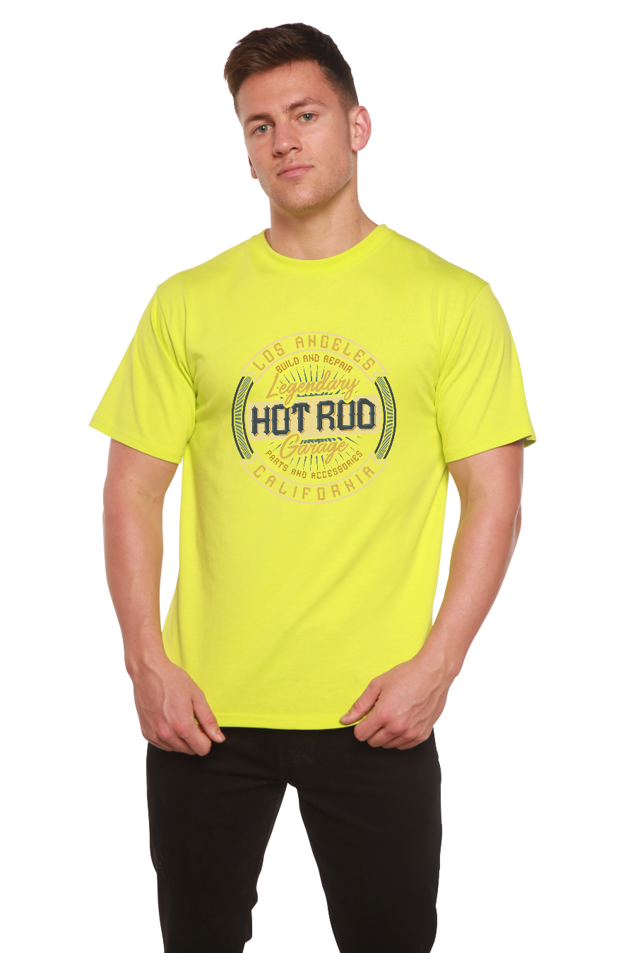 HOT ROO men's neon yellow graphic short-sleeve t-shirt, bamboo viscose/organic cotton, Spun Bamboo on Tampa Home & Garden Store