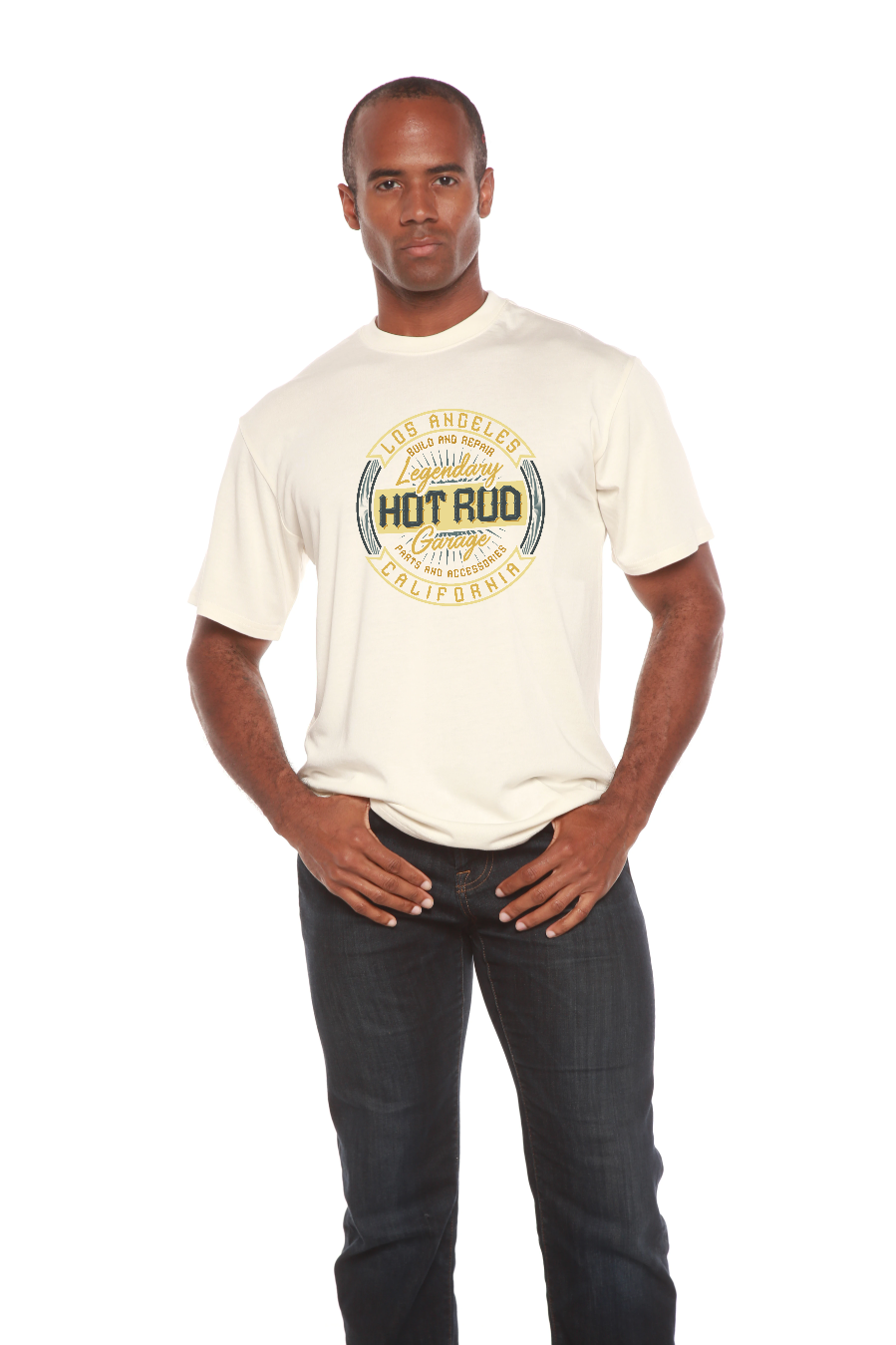 HOT ROO men's bamboo viscose/organic cotton T-shirt in cream with yellow print Spun Bamboo on Tampa Home & Garden Store