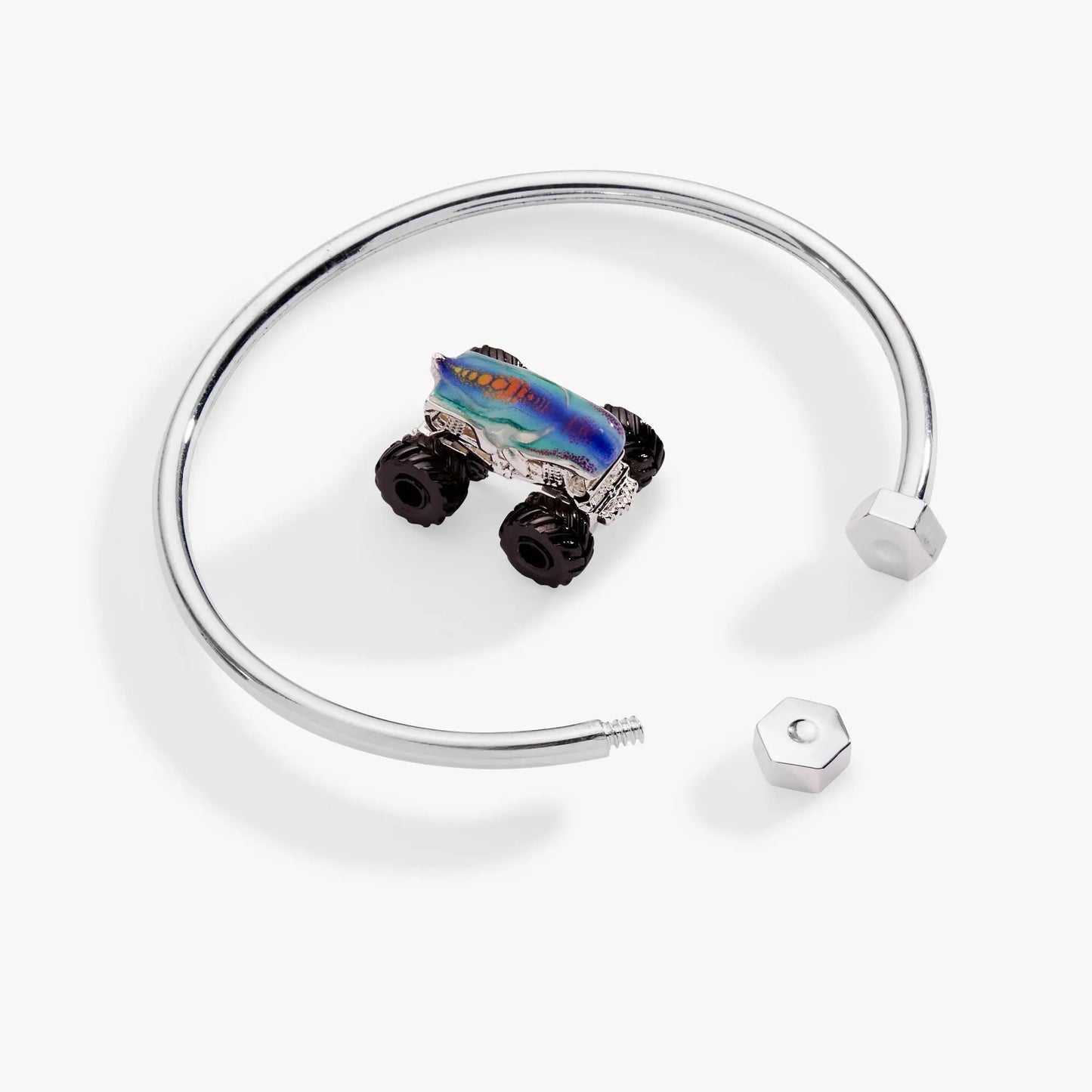 Hot Wheels Mega Wrex monster truck moveable cuff bracelet rainbow charm on Alex Ani cuff on Tampa Home & Garden Store