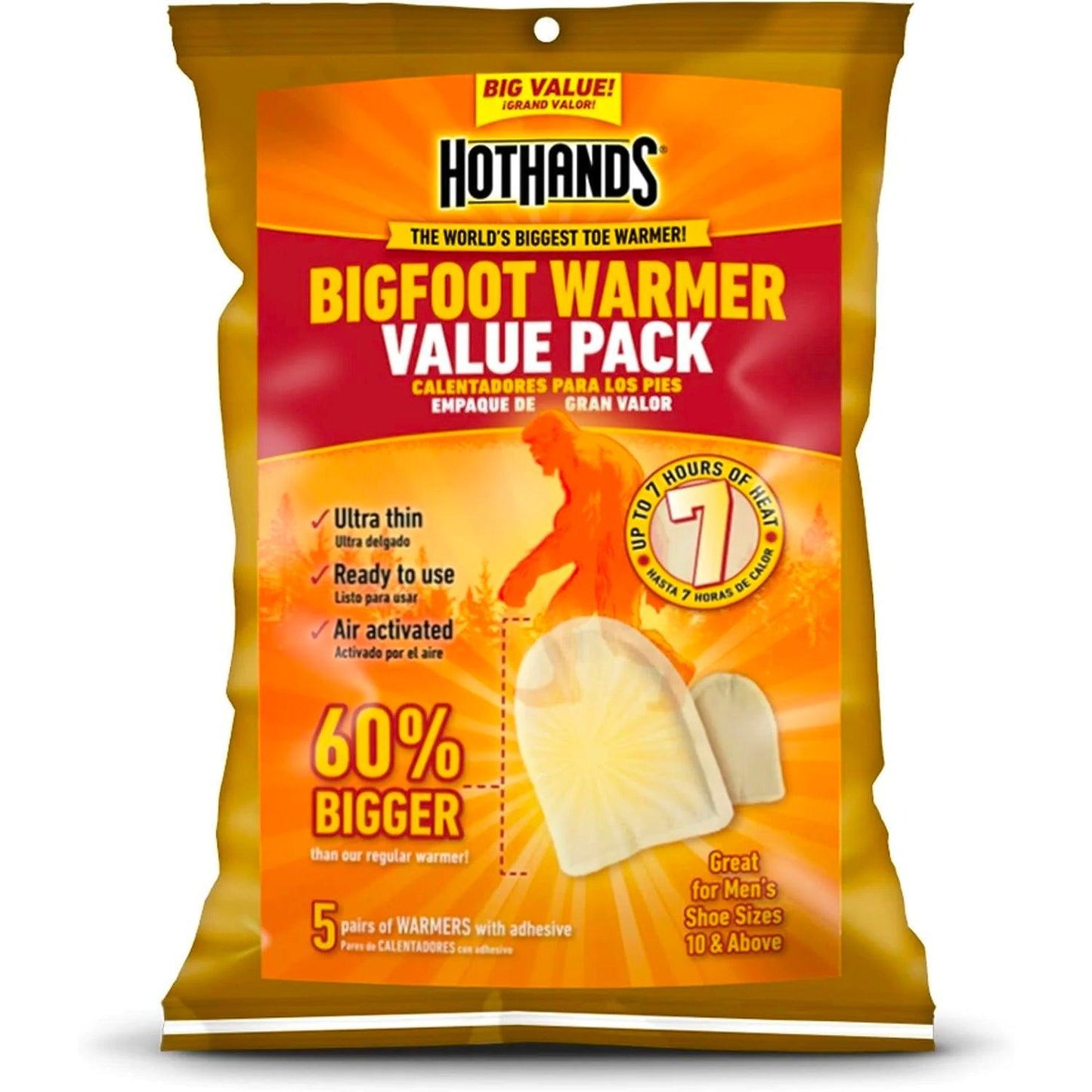 Chauffe-pieds BigFoot de HotHands - Chauffe-pieds activés par l'air, naturels, sans odeur et durables - Jusqu'à 7 heures de chaleur - Lot de 5 paires 