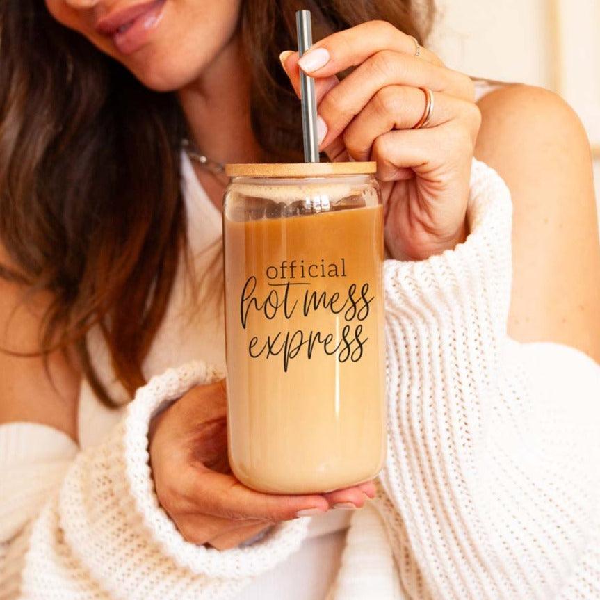 Hot Mess 17oz travel mug with beige gradient finish, wooden lid, and metal straw on Tampa Home & Garden Store