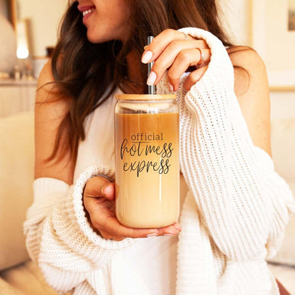 Hot Mess 17oz travel mug with bamboo lid and straw, iced coffee reads official hot mess express on Tampa Home & Garden Store