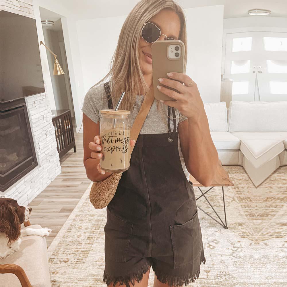 Hot Mess 17oz travel mug Gia Roma clear tumbler with straw and beige lid on Tampa Home & Garden Store