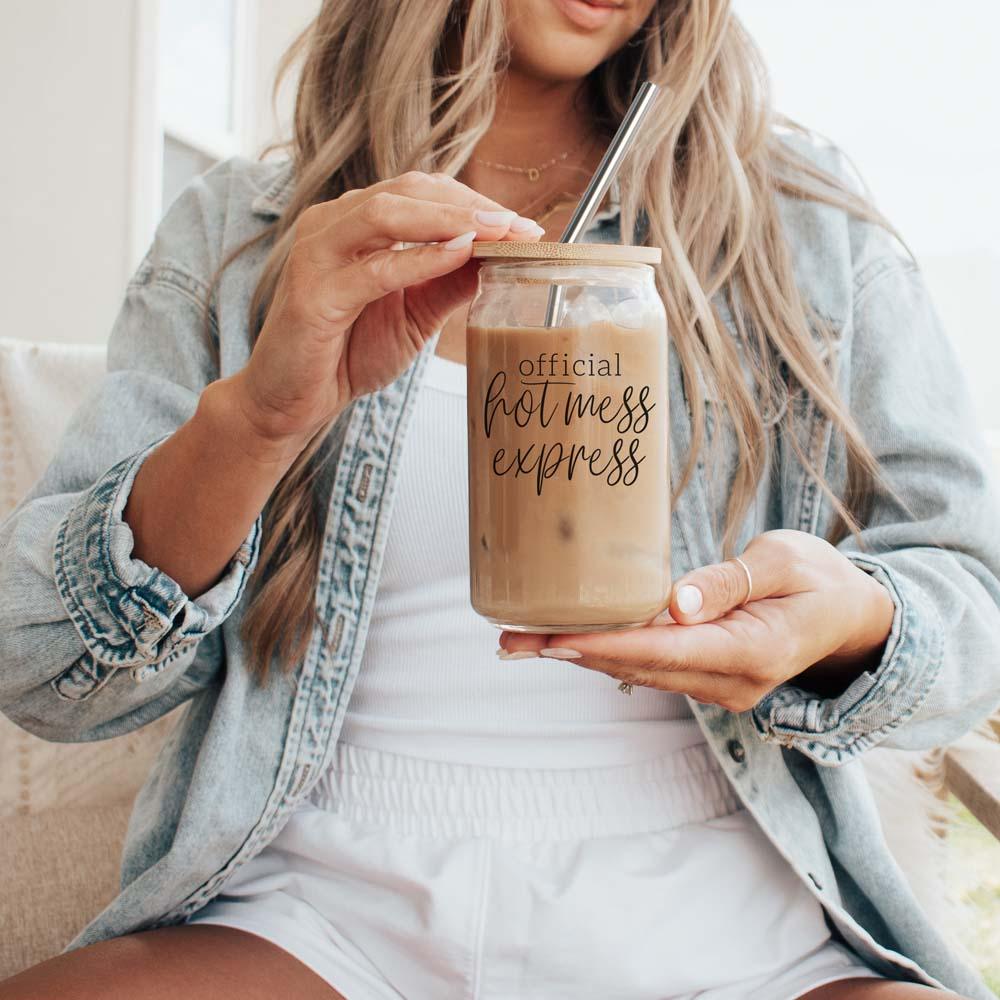 Hot Mess 17oz travel mug by Gia Roma, clear glass mason jar with wood lid and metal straw on Tampa Home & Garden Store