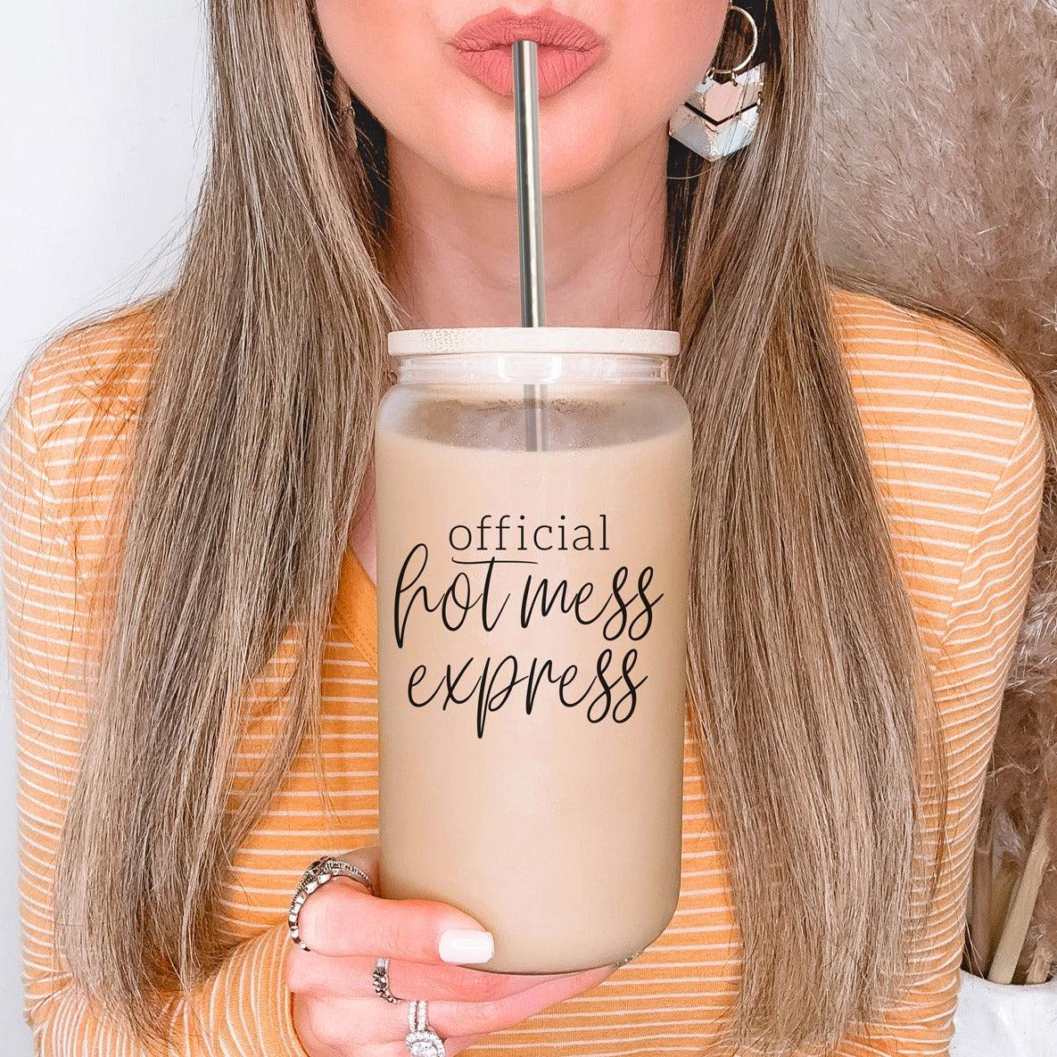 Gia Roma Hot Mess 17oz travel mug beige with official hot mess express text and straw on Tampa Home & Garden Store
