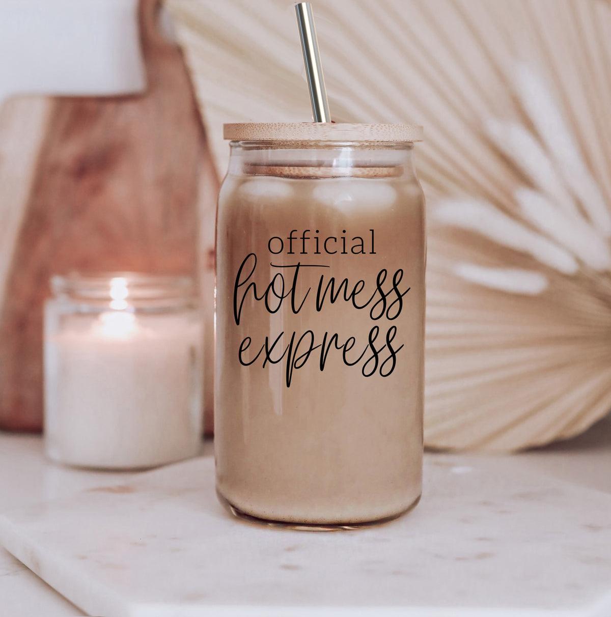 Hot Mess 17oz travel mug Gia Roma beige with metal straw official hot mess express design on Tampa Home & Garden Store
