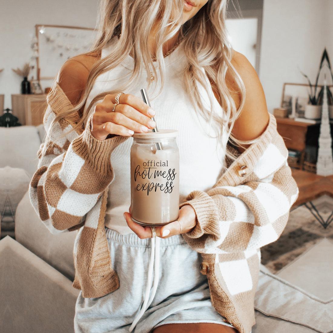 Hot Mess 17oz travel mug with beige glass, lid and metal straw official hot mess express on Tampa Home & Garden Store