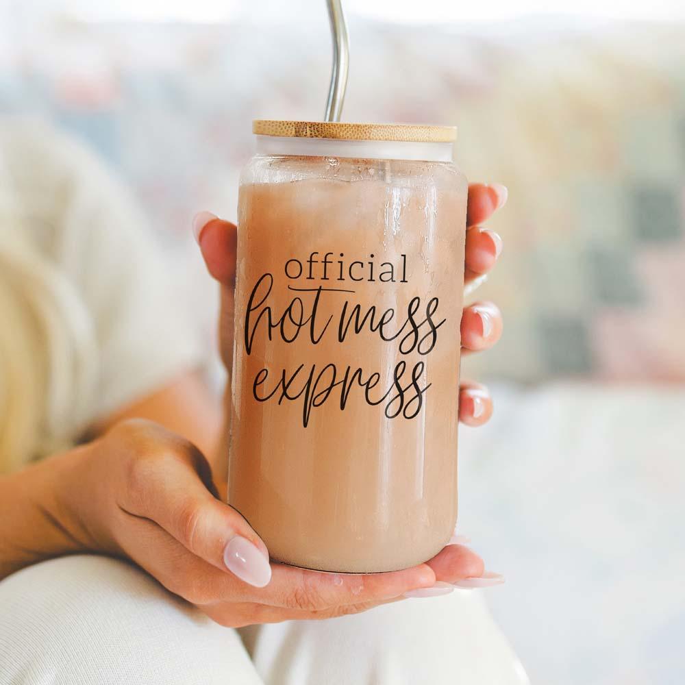 Hot Mess 17oz glass travel mug by Gia Roma with bamboo lid and metal straw on Tampa Home & Garden Store