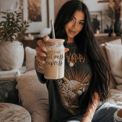 Hot Mess 17oz travel mug with straw, beige coffee Gia Roma official hotmess express text on Tampa Home & Garden Store