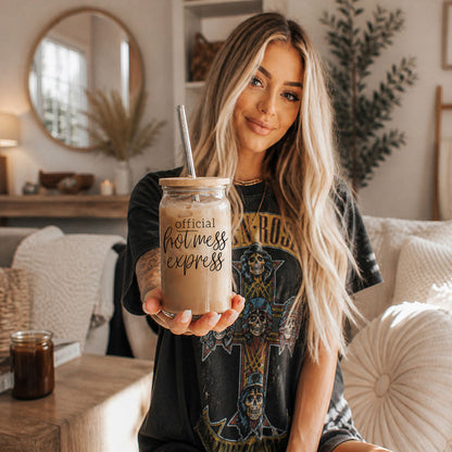 Hot Mess 17oz travel mug Gia Roma with wood lid and metal straw holding iced coffee on Tampa Home & Garden Store