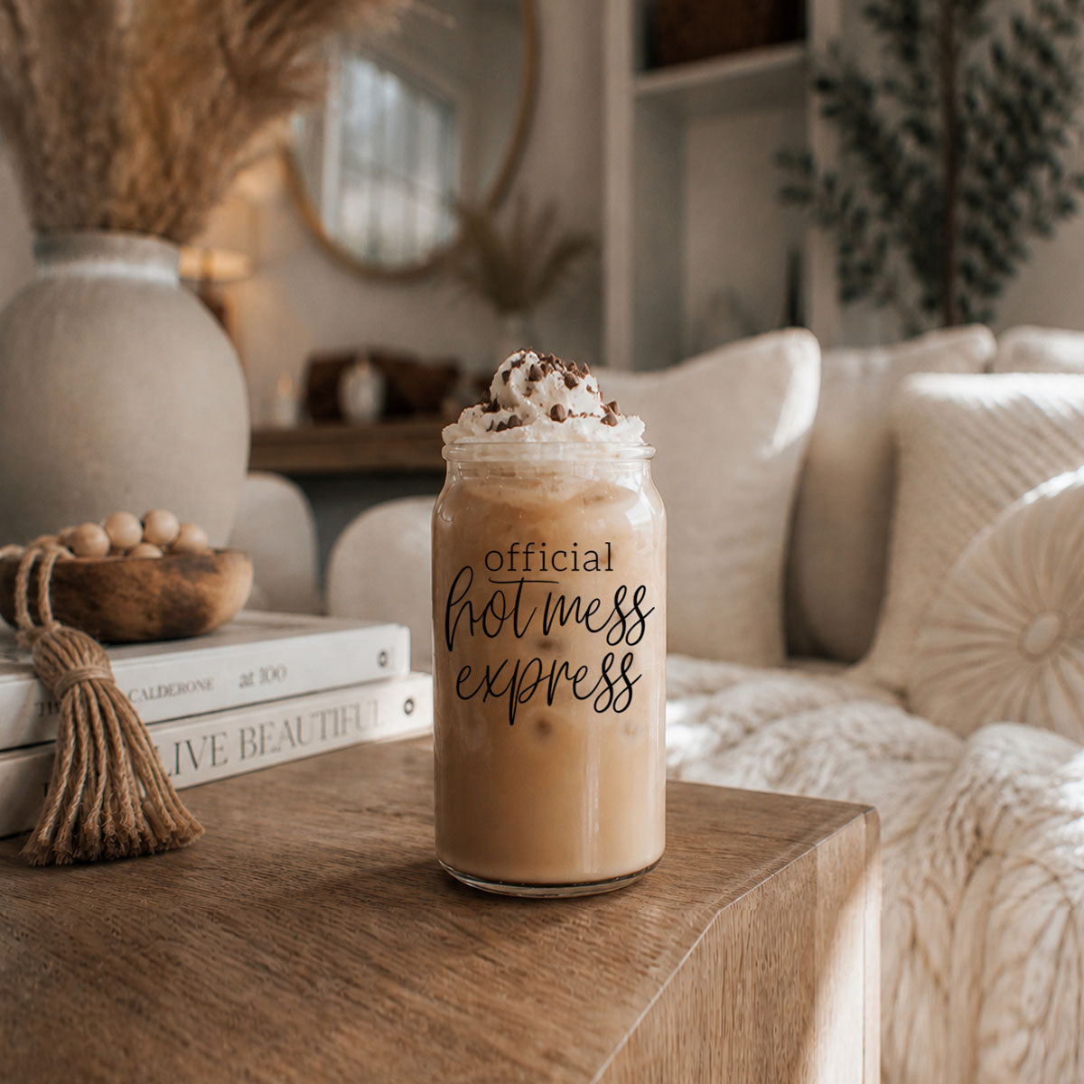 Hot Mess 17oz travel mug iced coffee topped whipped cream and chocolate sprinkles Gia Roma on Tampa Home & Garden Store