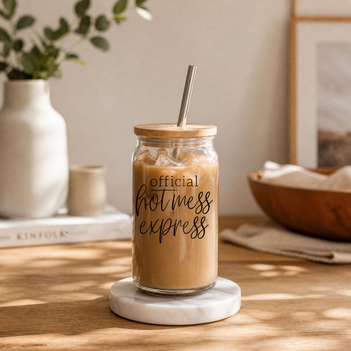 Hot Mess express 17oz travel mug glass jar with wood lid and metal straw iced coffee on Tampa Home & Garden Store