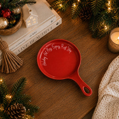 Spoon Rest Holiday Hot Mess Stop by Gia Roma, red ceramic with white script on a festive table on Tampa Home & Garden Store