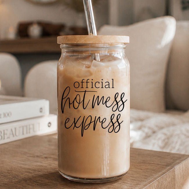 Hot Mess 17oz travel mug glass with iced coffee Gia Roma on Tampa Home & Garden Store