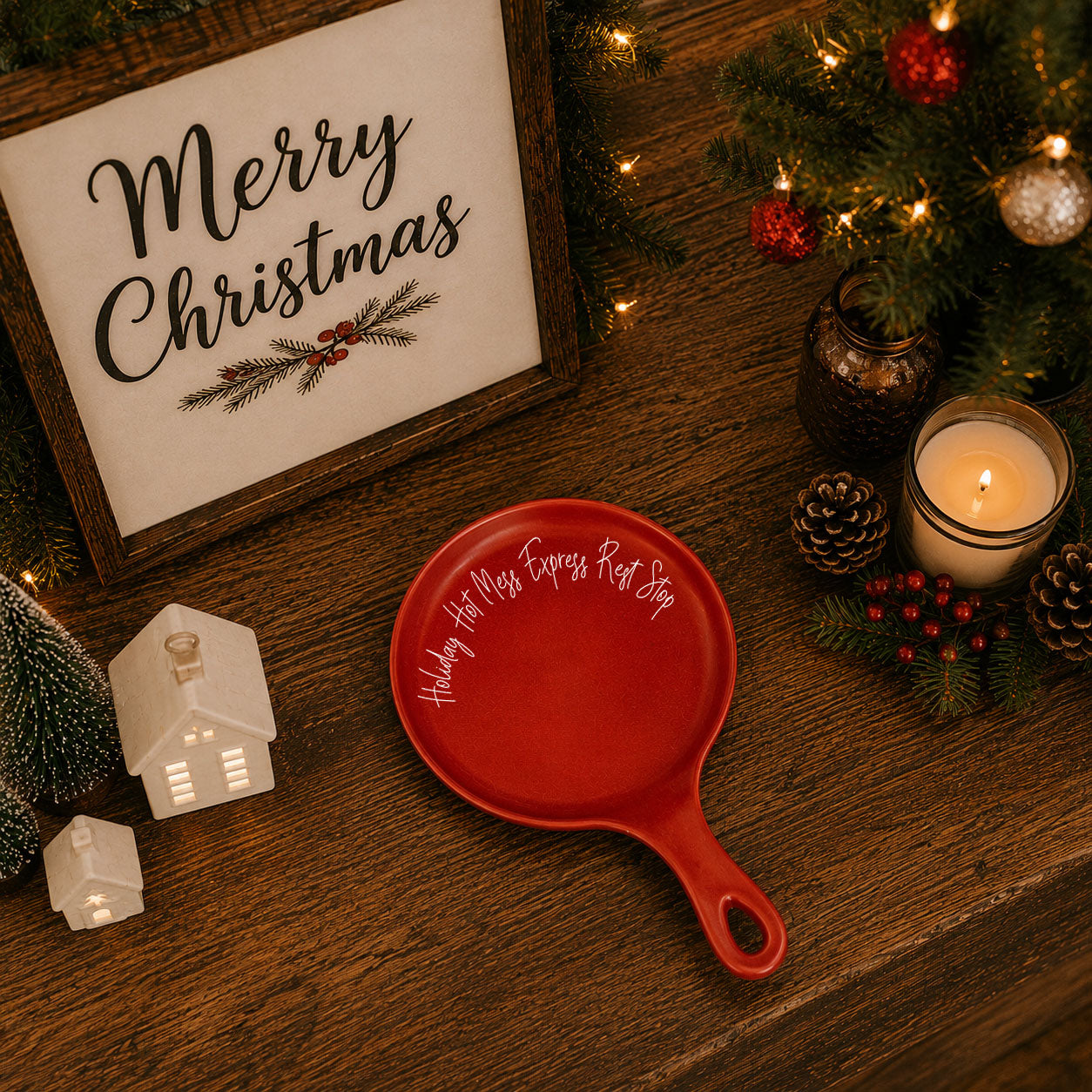 Holiday Hot Mess Express Rest Stop red spoon rest on wood table with Christmas decor on Tampa Home & Garden Store