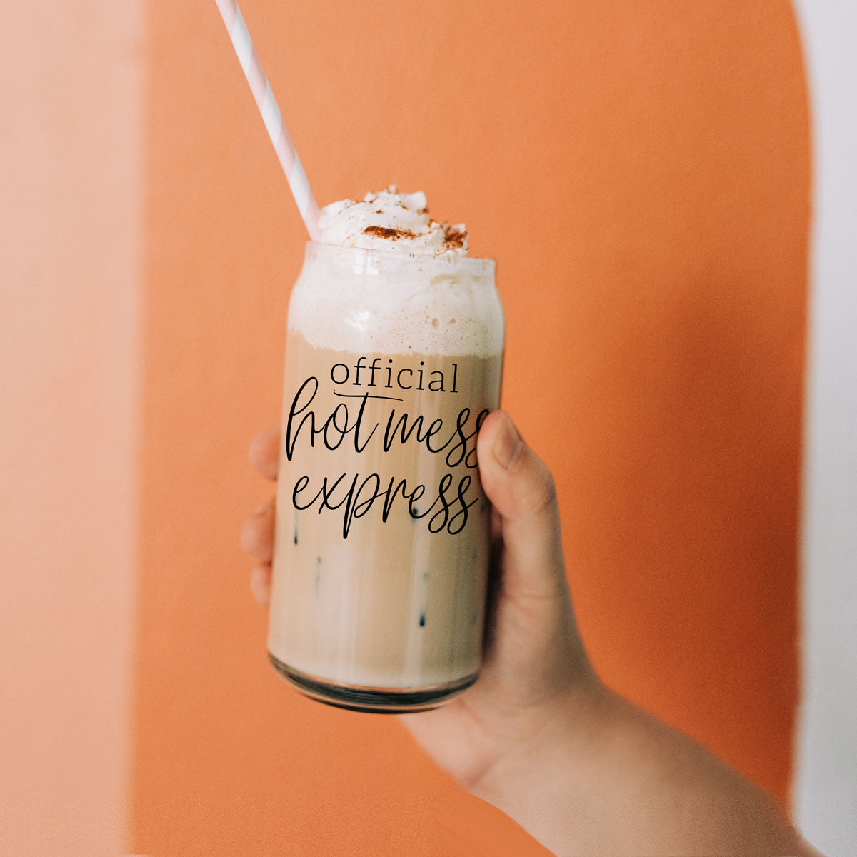 Hot Mess 17oz travel mug jar-style glass with whipped cream and striped straw on Tampa Home & Garden Store