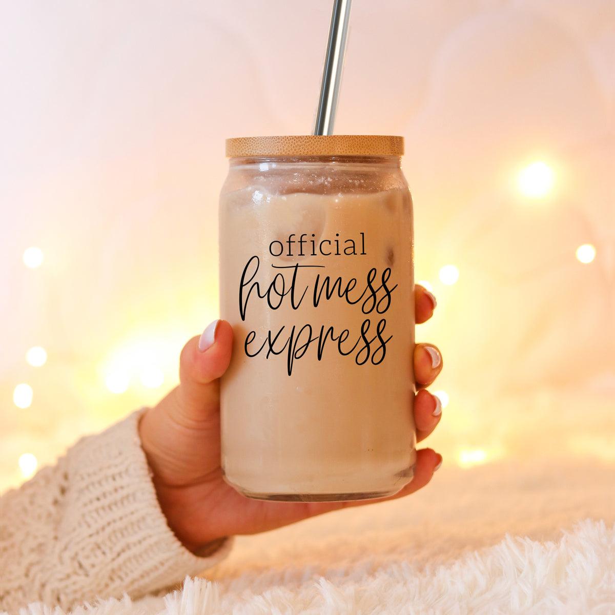 Hot Mess 17oz travel mug with beige iced coffee in a glass mason jar, wooden lid and metal straw on Tampa Home & Garden Store
