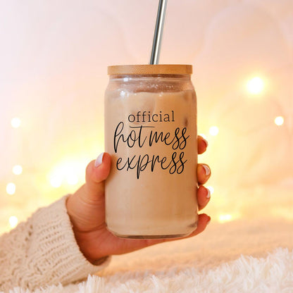 Hot Mess 17oz travel mug with beige iced coffee in a glass mason jar, wooden lid and metal straw on Tampa Home & Garden Store