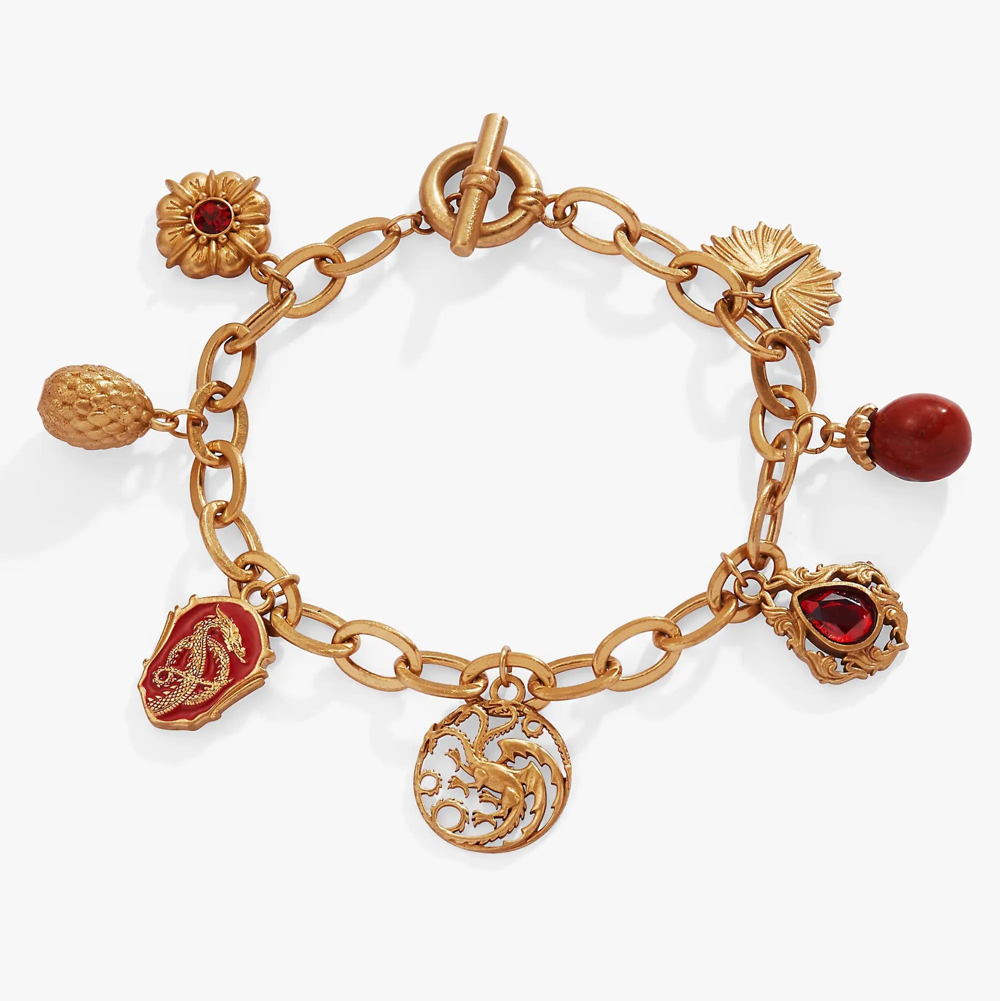 House of the Dragon Toggle Bracelet by ALEX AND ANI, gold with red gem flower and dragon charm on Tampa Home & Garden Store