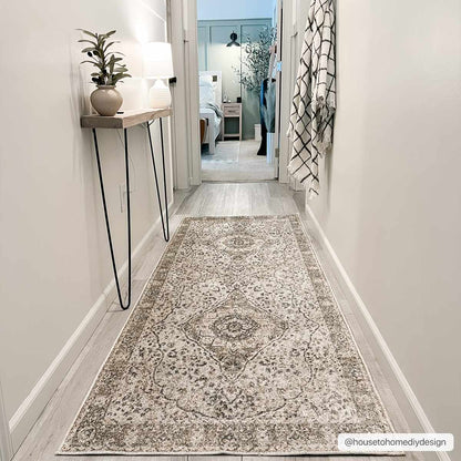 Cara Flat Pile Washable Rug by Boutique Rugs in beige gray with vintage medallion pattern on Tampa Home & Garden Store