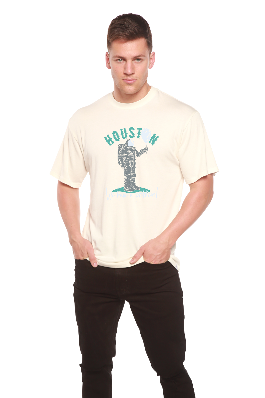 Cream Houston men's bamboo viscose/organic cotton tee by Spun Bamboo with teal astronaut graphic on Tampa Home & Garden Store