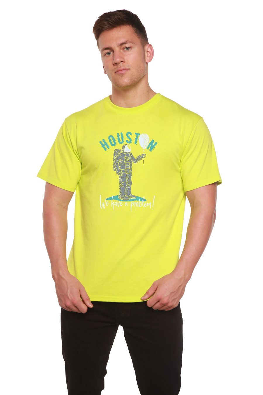 HOUSTON men's bamboo viscose/organic cotton tee neon lime with astronaut print Spun Bamboo on Tampa Home & Garden Store